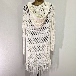 Fringe Hooded Open Knit Cardigan Womens Sm Cream Cottage Western Boho Festival